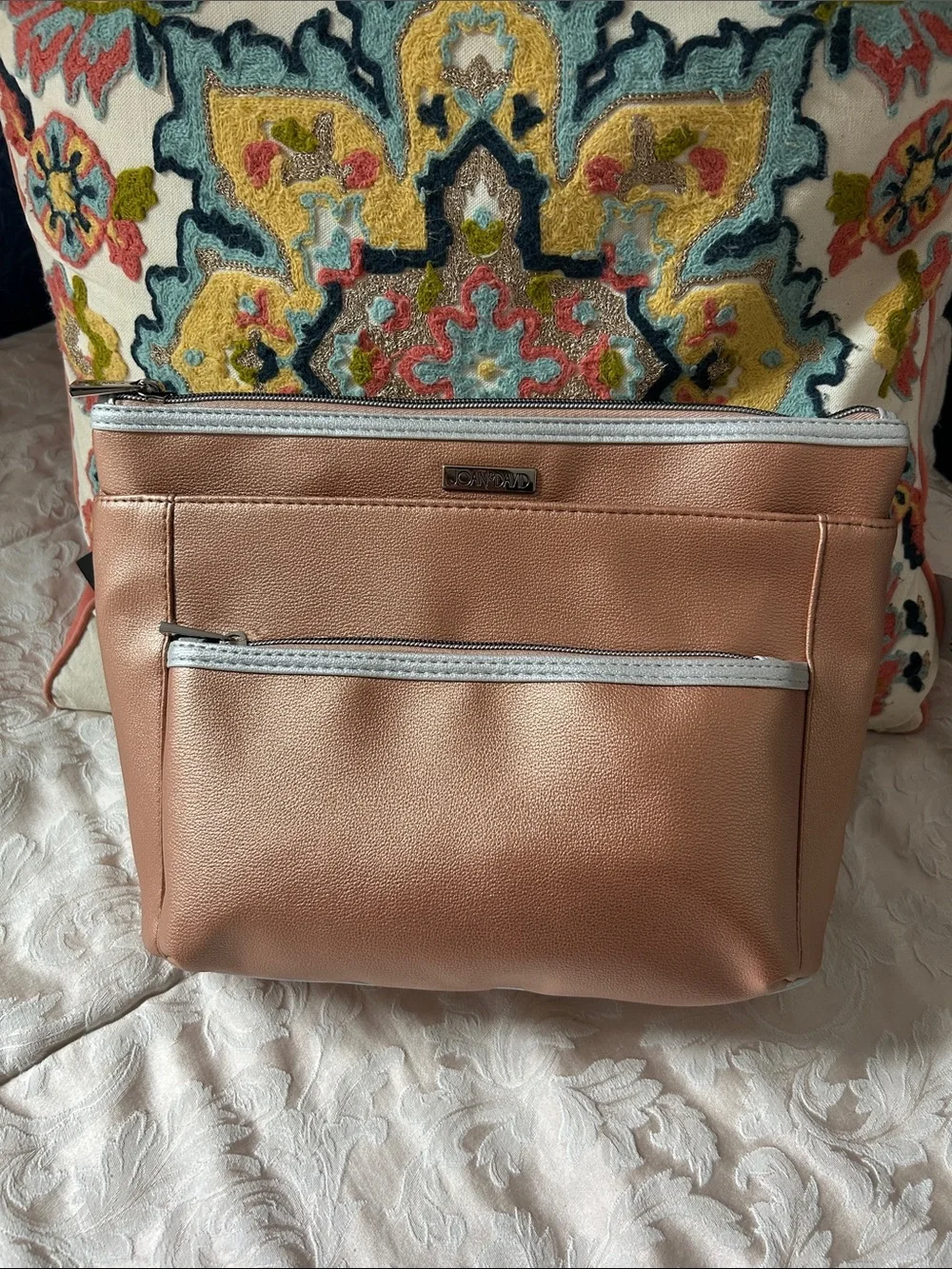 NWT. Joan & David Blush Pink Crossbody Metallic Toiletry Bag with Silver Trim